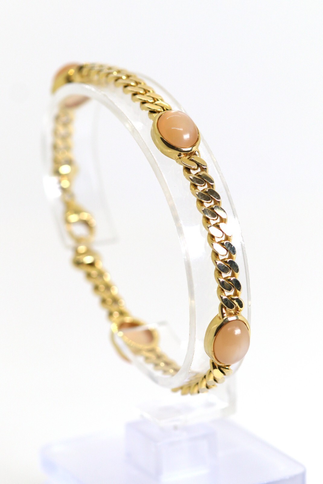 Flat Curb Link Bracelet Yellow Gold Rose Quartz Cabochon 14kt – 585, L: 20cm