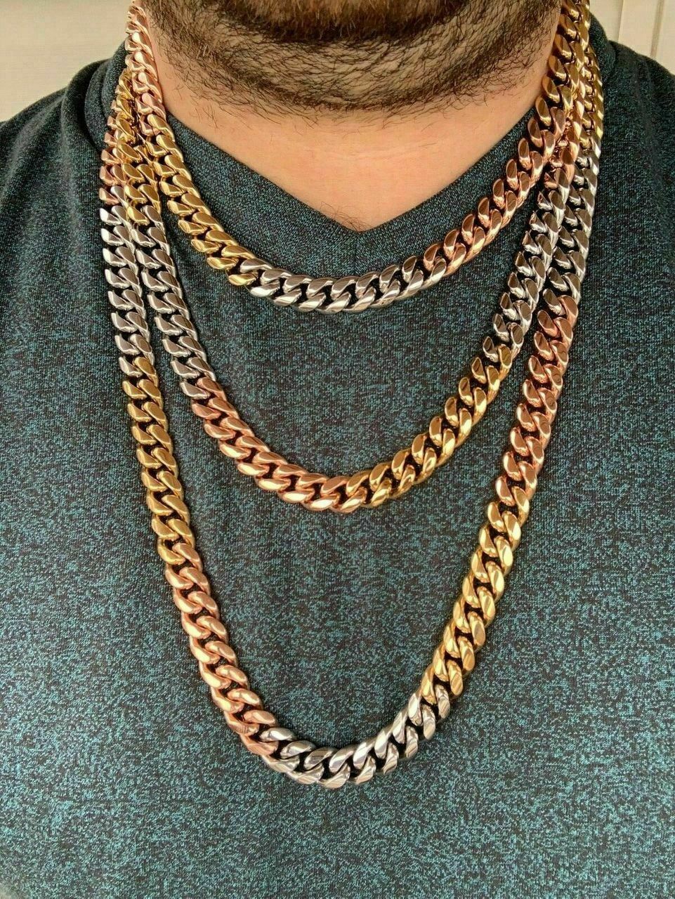 12mm Men’s Miami Cuban Link Chain 3 Tri Color Real Gold Plated Stainless 18-30″