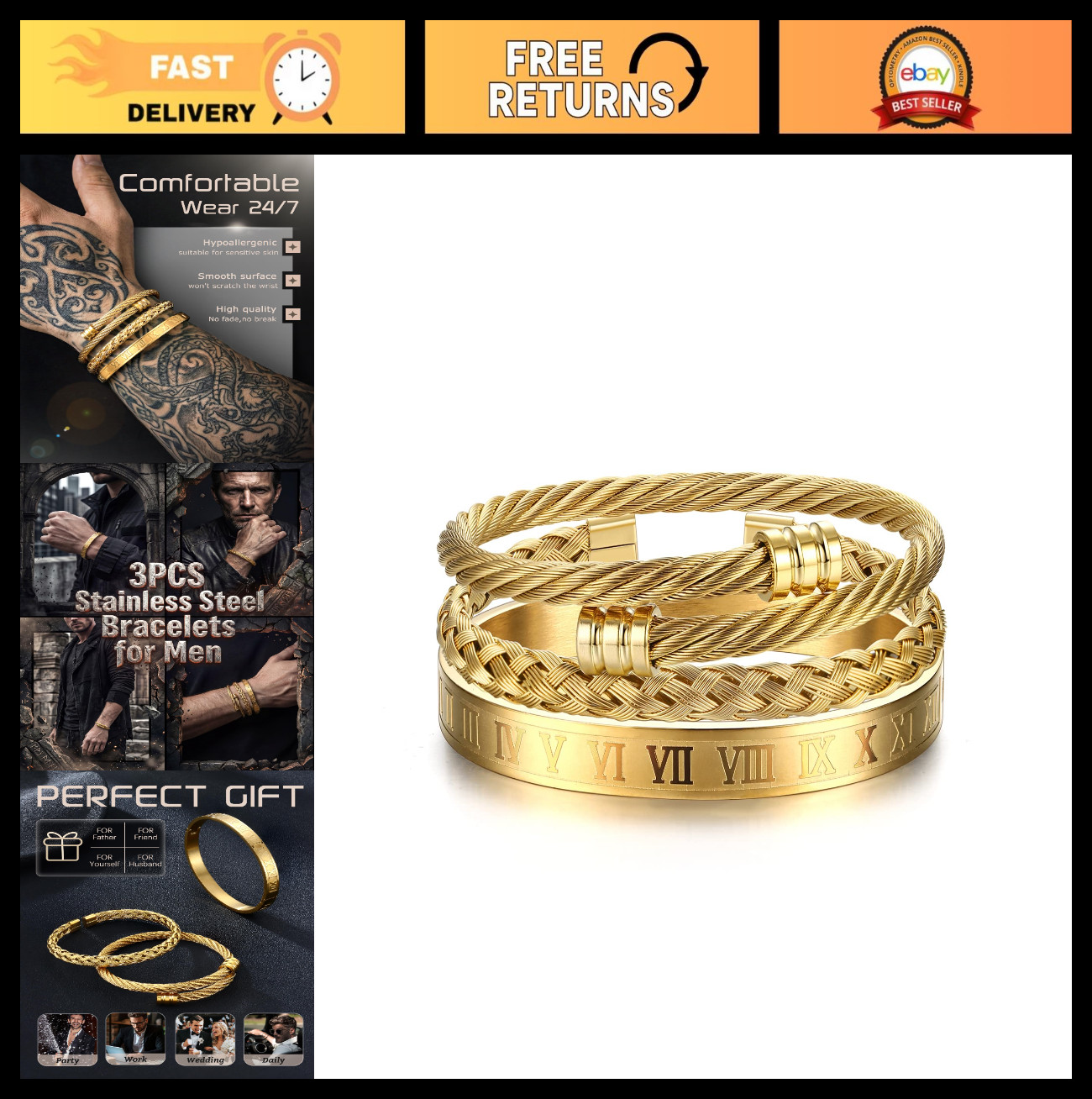 3Pcs Men’s Stainless Steel Adjustable Bracelets – Roman Numeral & Twisted Cable