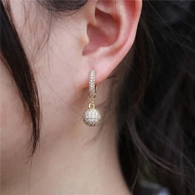 Drop Cluster Clip On Earring Round Cut Simulated Diamond 14K Yellow Gold Plated
