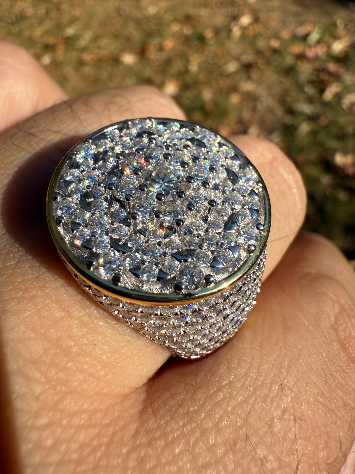 Real MOISSANITE Mens Flower Setting Honeycomb Iced Ring 14k Gold Over 925 Silver