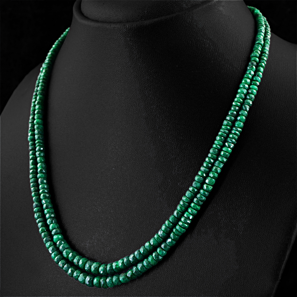 242.90 CTS NATURAL 2 STRAND RICH GREEN EMERALD ROUND FACETED BEADS NECKLACE (RS)