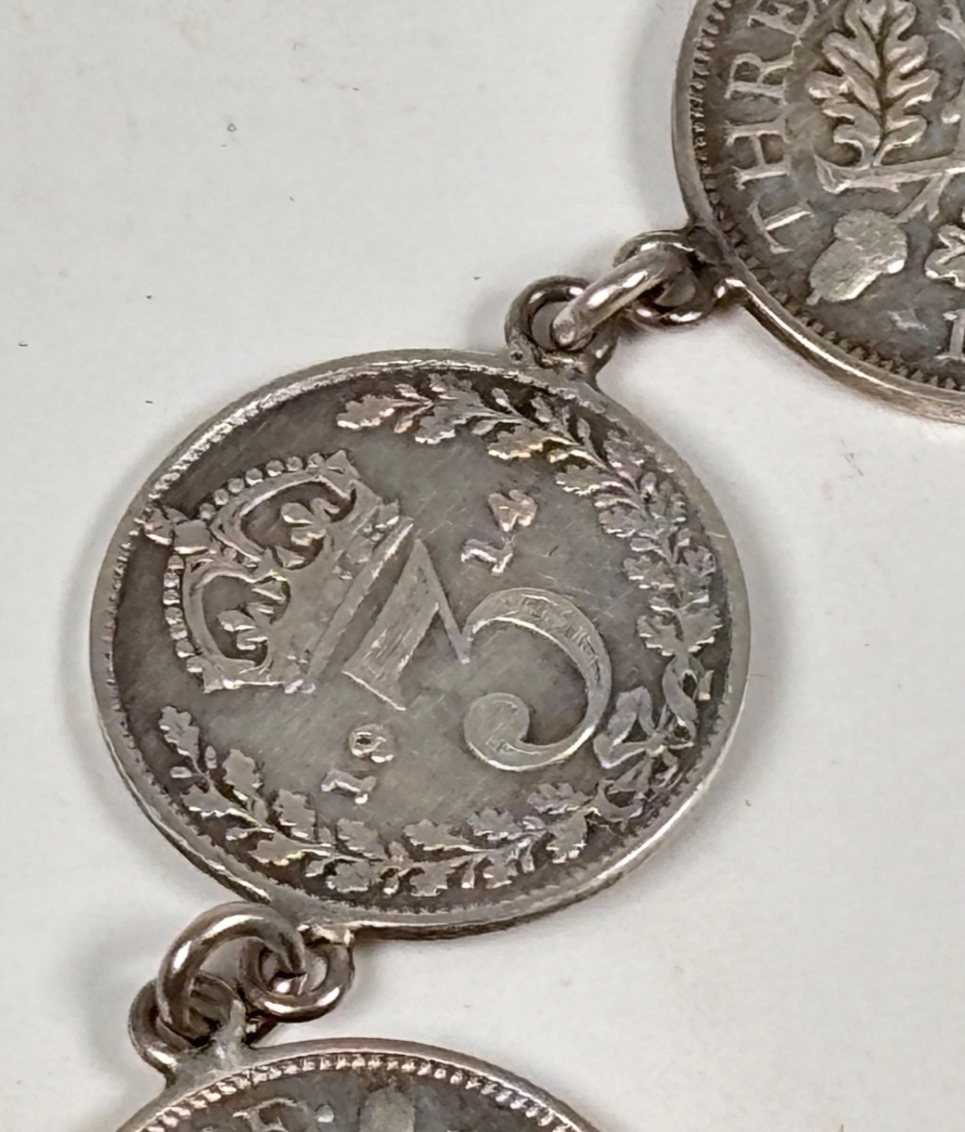 Vintage Silver Charm Bracelet King George V Three Pence Coins British Retro