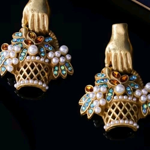 Whimsical Flower Basket Earrings Faux Pearls Rinestones, Vintage Bronze Dangle