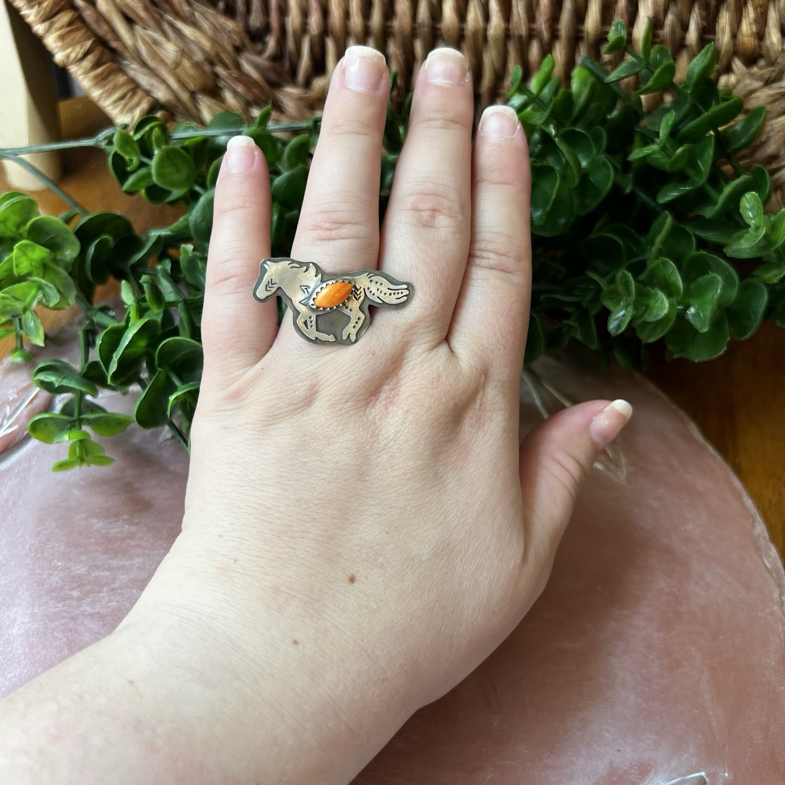 Sterling Silver Spiny Oyster Horse Ring Size 8 Adjustable | Southwestern
