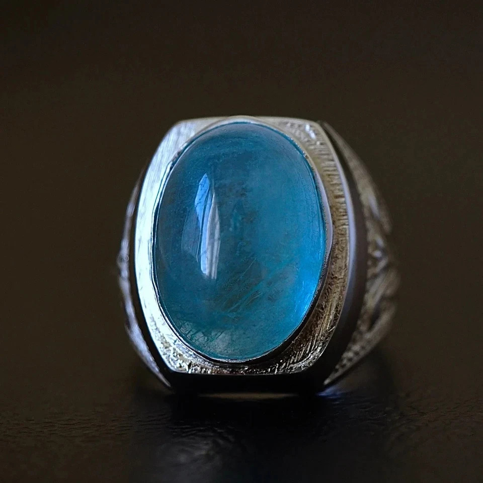 Natural Aquamarine Ring for Men Solid 925 Sterling Silver Handmade Jewelry