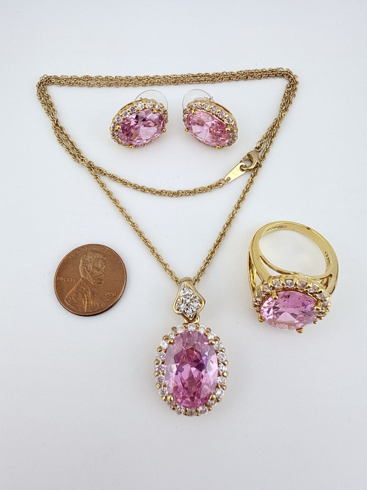 CAMROSE & KROSS JBK GOLDTONE LAB KUNZITE OVAL EARRINGS NECKLACE & RING K201E