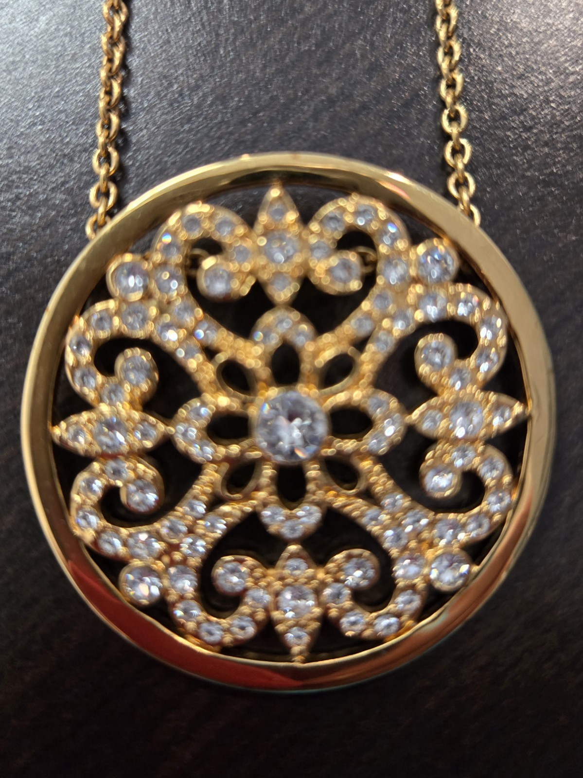 Beautiful Touchstone Crystal by Swarovski Filagree Medallion Necklace
