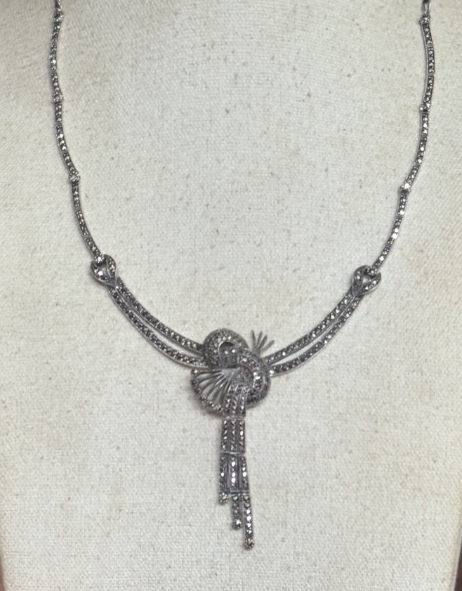 ART DECO ACI 925 STERLING SILVER KNOT NECKLACE MARCASITES #10