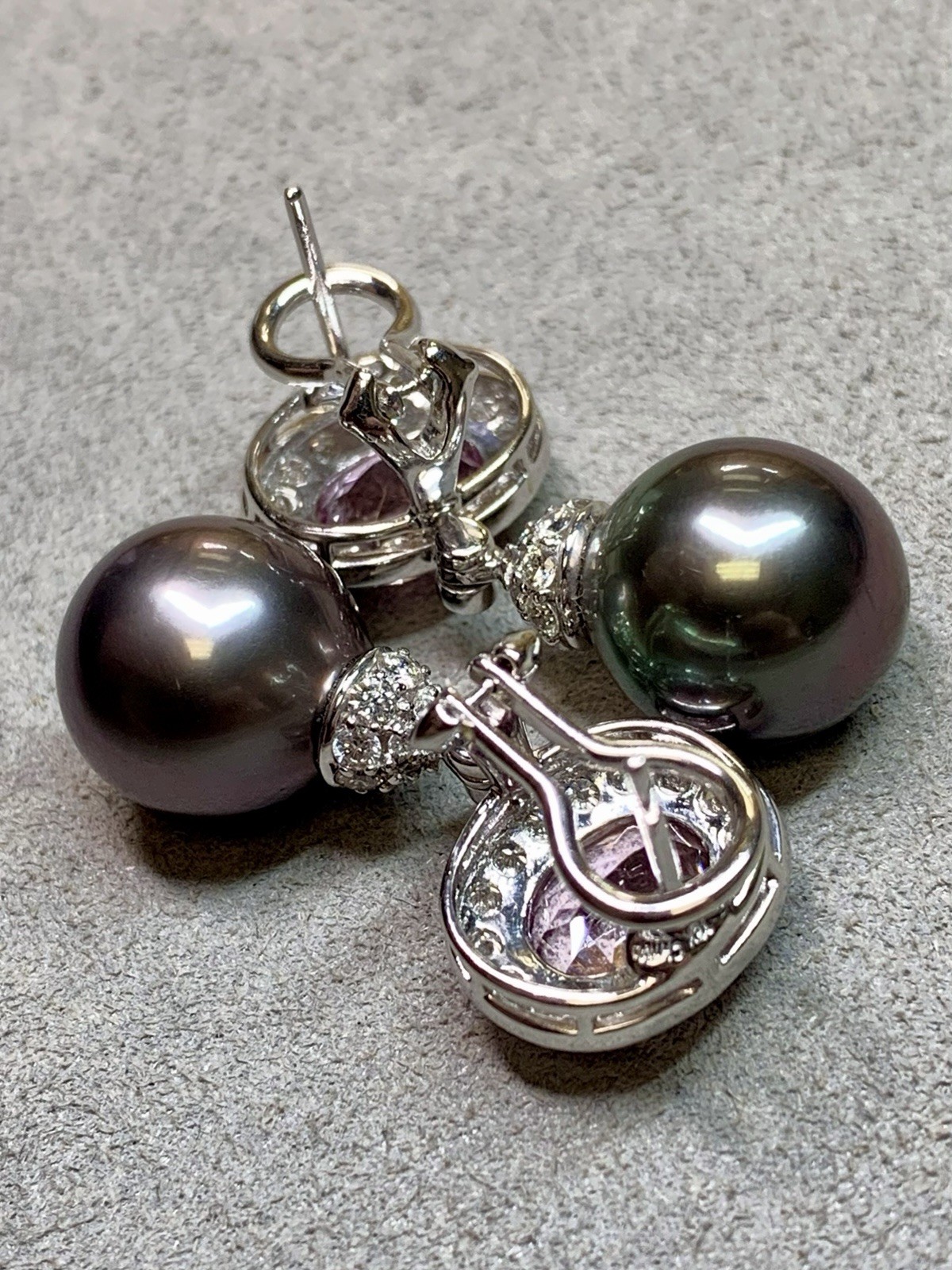 Contemporary 18K White Gold Kunzite Diamond Tahitian Pearl Drop Earrings 6.70ctw