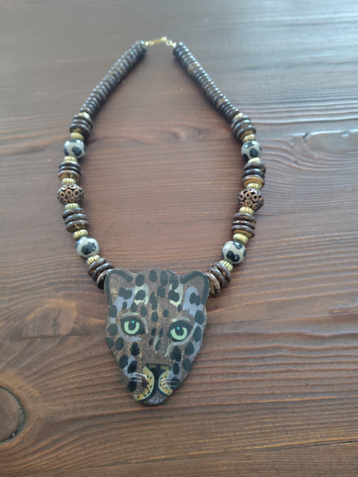 Vintage Hand Painted Leopard Wood – Metal Statement Necklace- Lee Sands