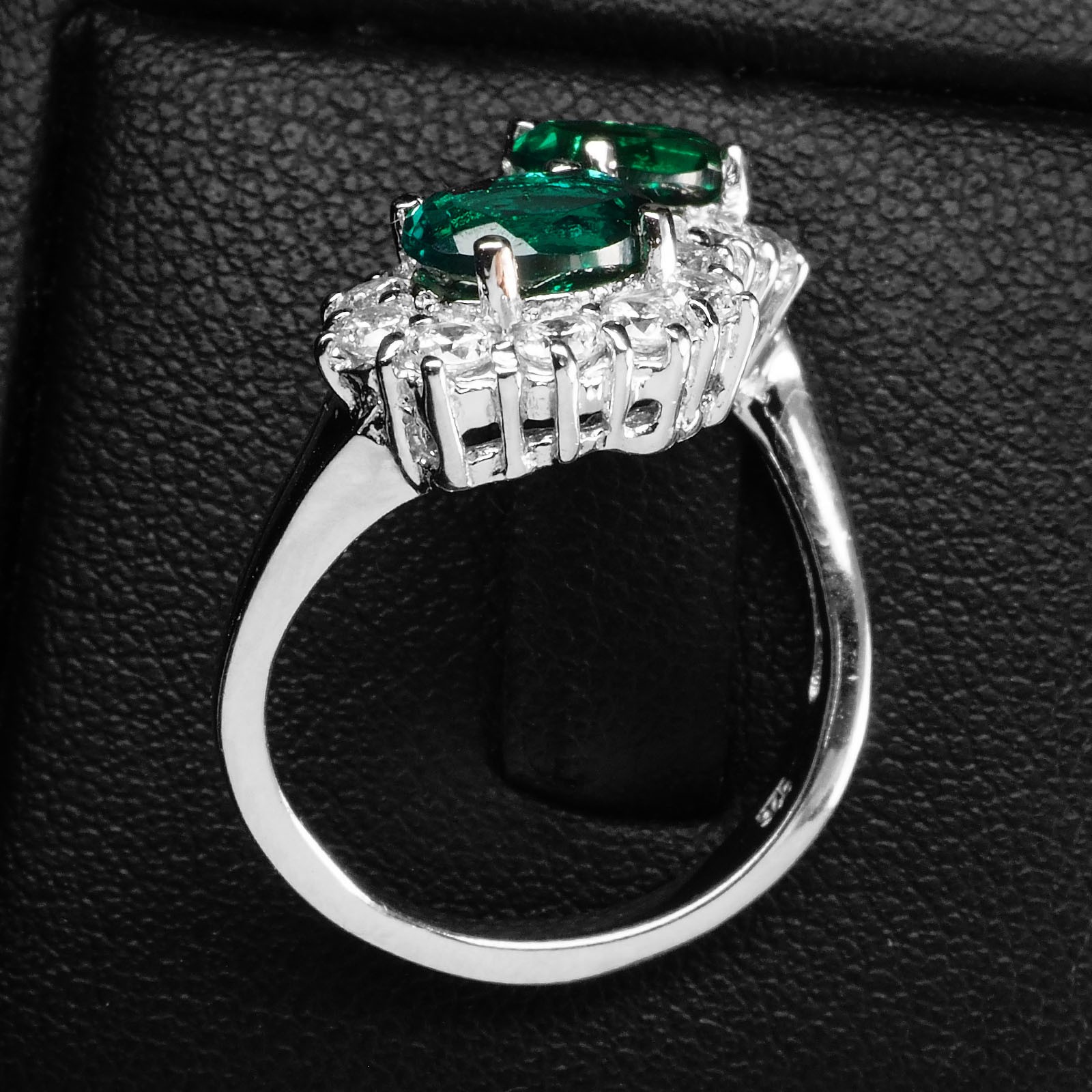 Duo Stone Vivid Green Emerald 1.60Ct 925 Sterling Silver Two Stone Floral Rings