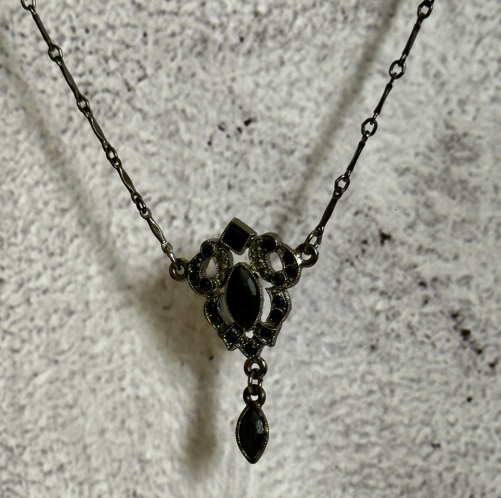 VTG 1928 Jewelry Co Black Rhinestone Marquise Y Drop Necklace Gunmetal Gothic