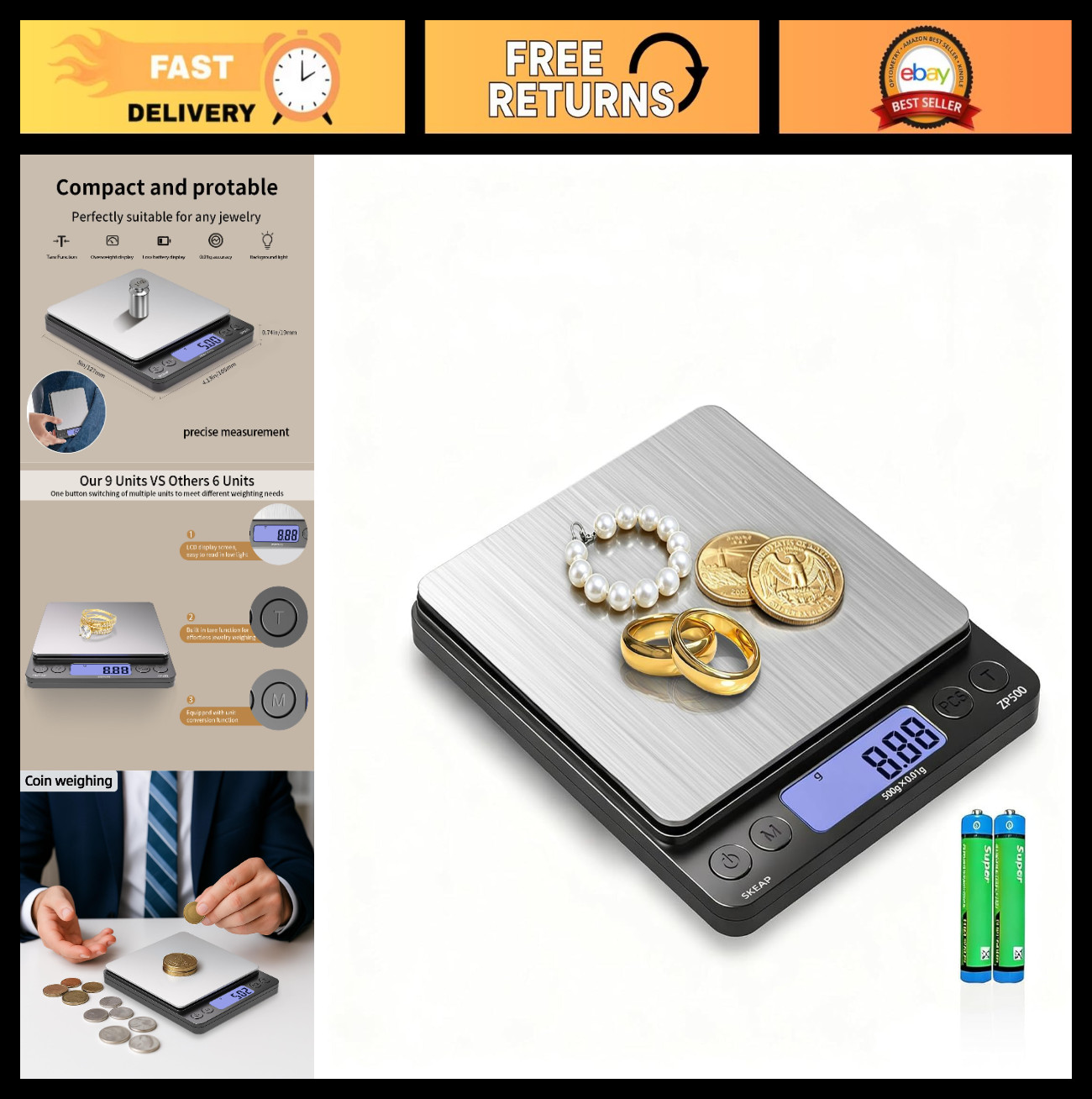 Precision Digital Jewelry Scale 500g x 0.01g – Backlit LCD, Tare Function, Ideal