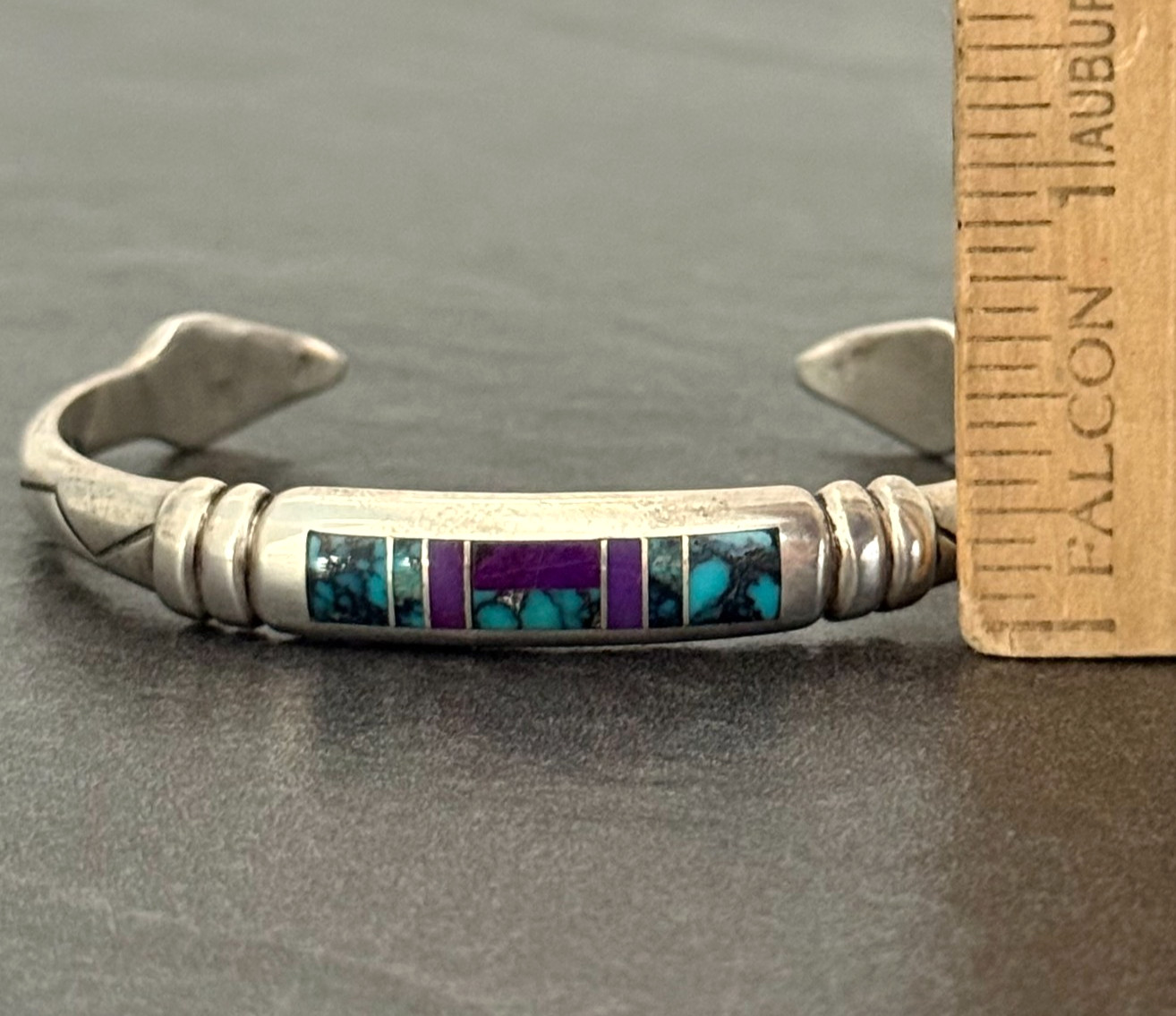 Vintage Navajo REX ABEITA Turquoise Sugilite Inlay ARROW Sterling Bracelet 6.6in