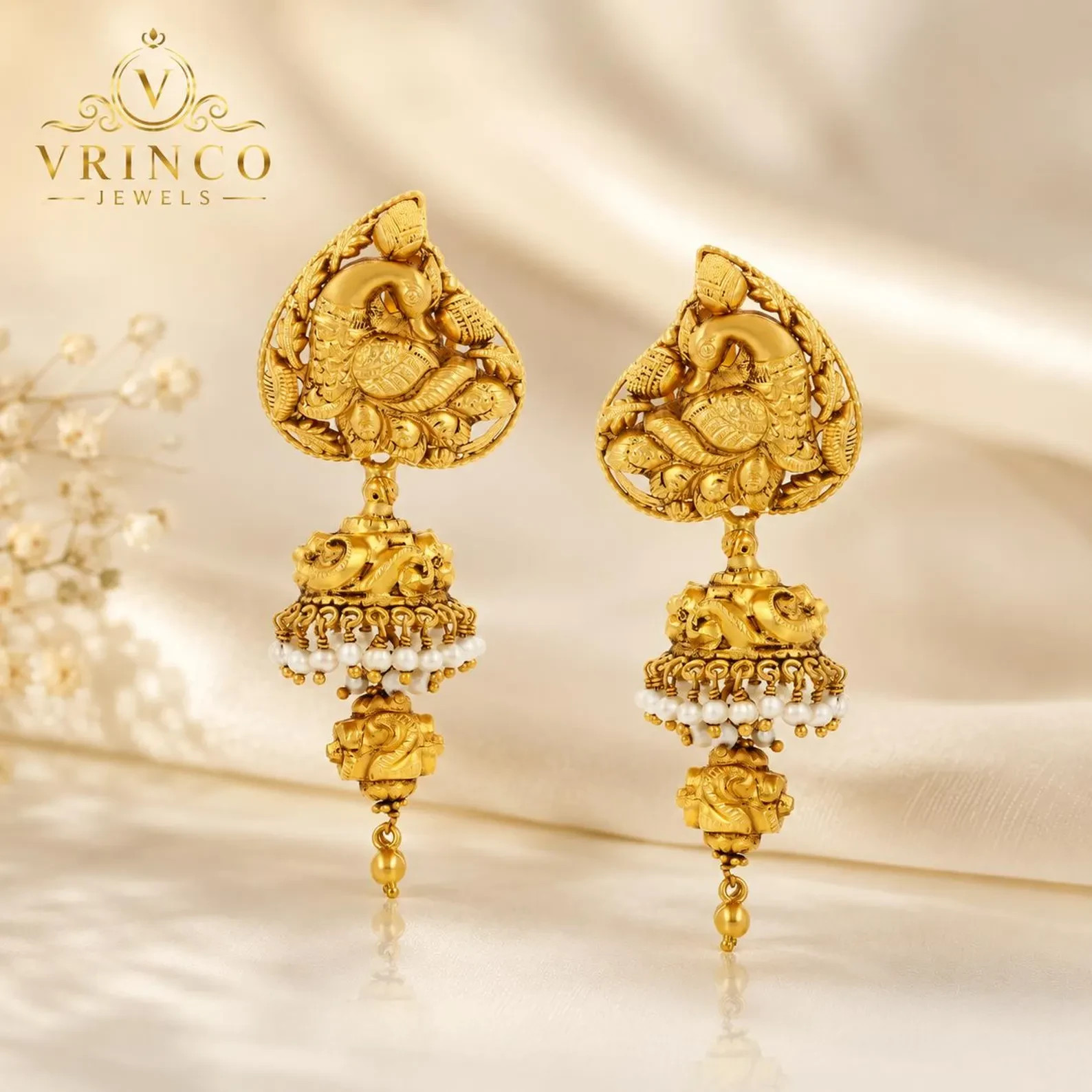 Kalapin 22KT Hallmarked Yellow Gold Long Jhumka Earrings Traditional Bridal Jewe