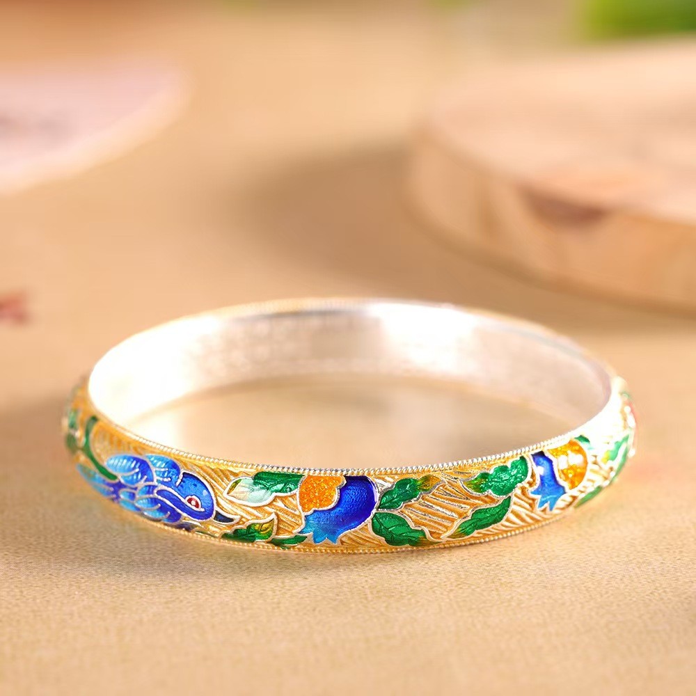Pure S999 Fine Silver Bracelet 10mm Lucky Enamel Fish Open Bangle 34-35g ID:58mm