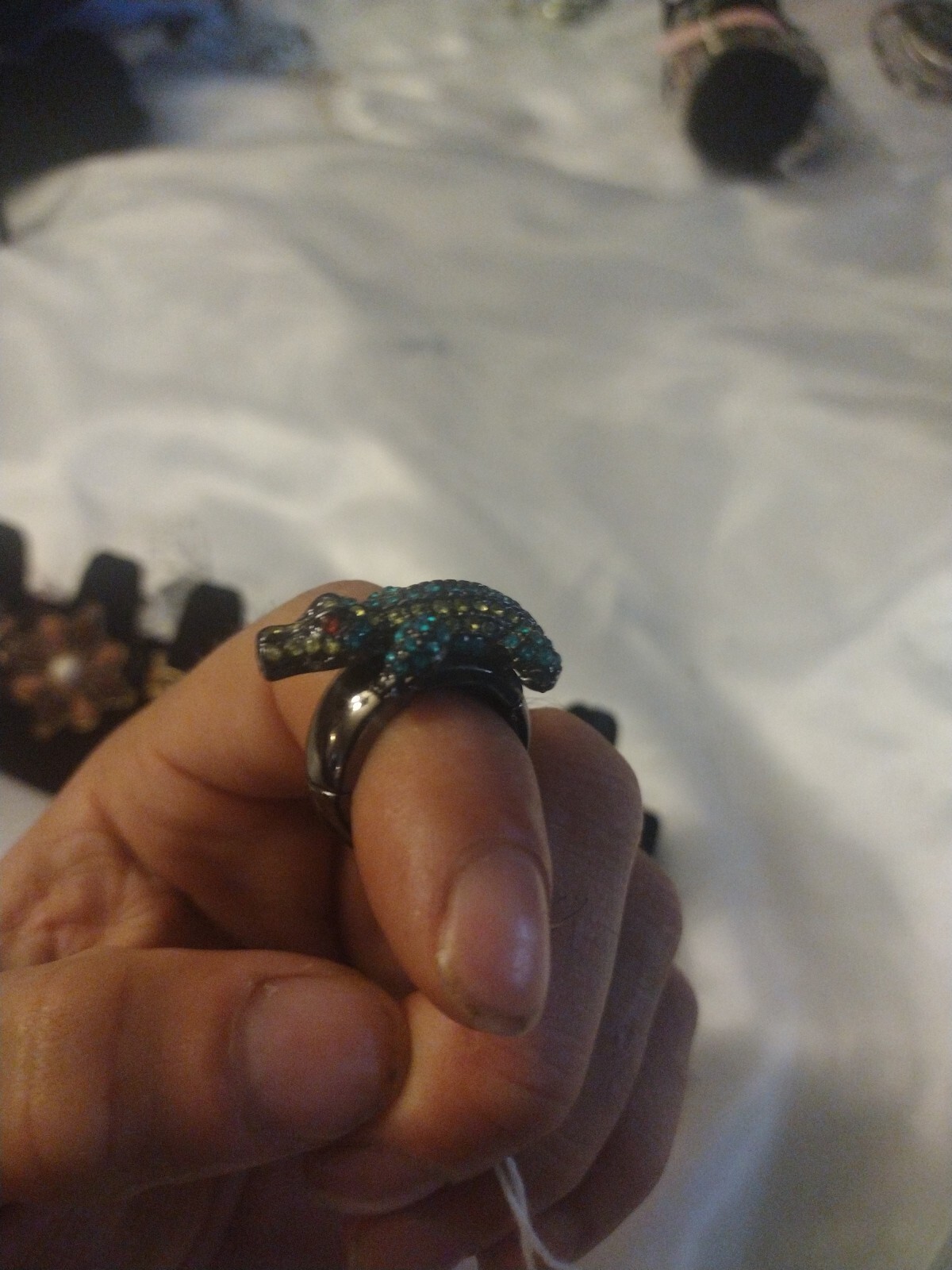 OPC Green Rhinestone Elastic Band Lizard Crocodile Ring Costume Jewelry EUC