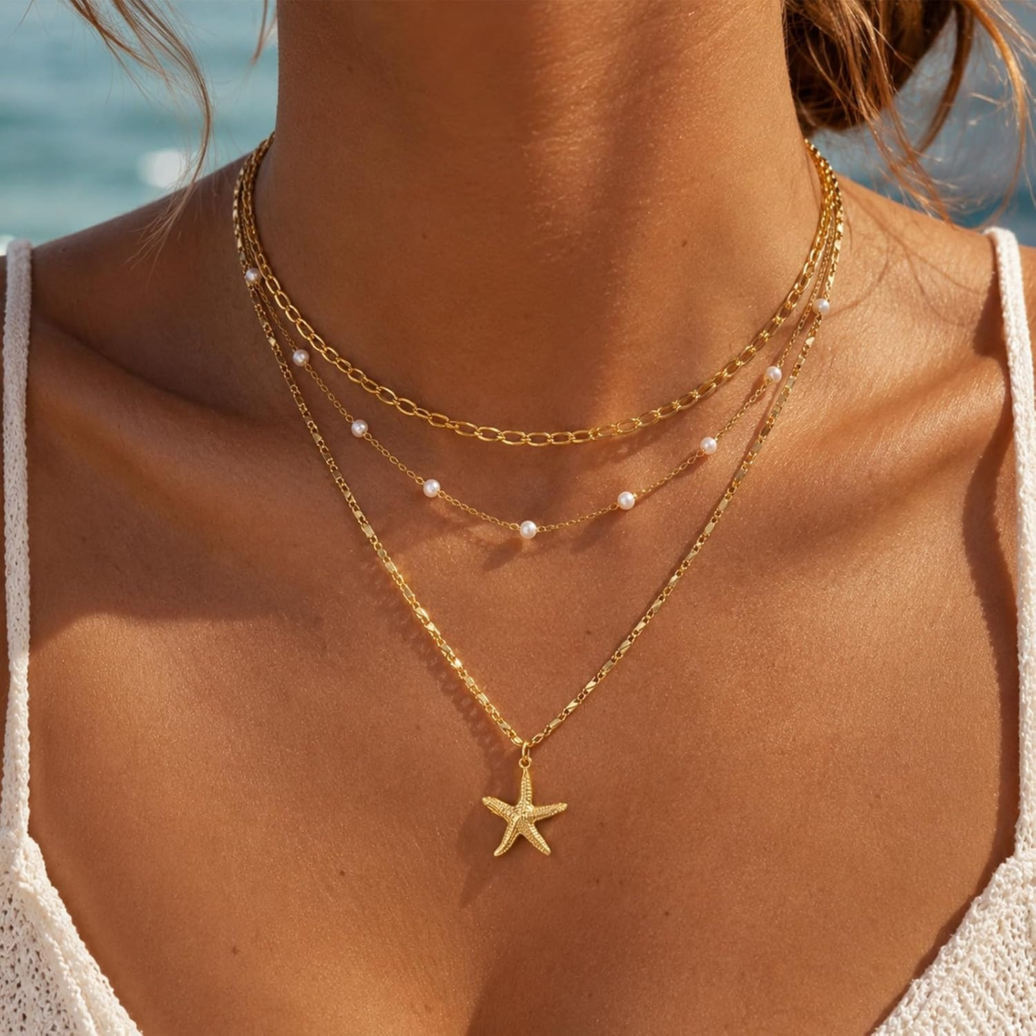 Starfish Necklace Beach Summer Layered Necklaces for Women Non Tarnish Waterproo
