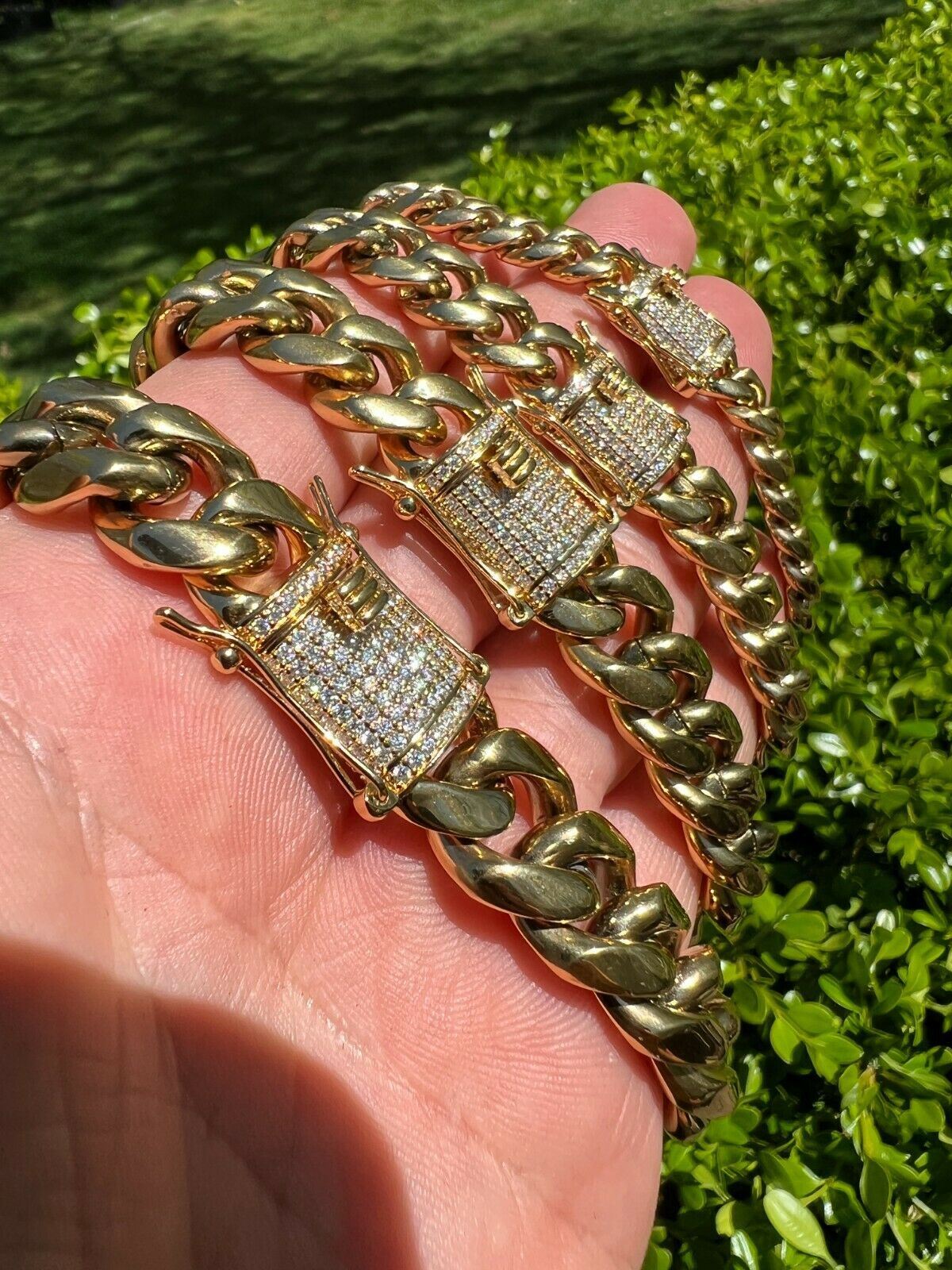Miami Cuban Chain Necklace Bracelet 14k Gold Plated Stainless MOISSANITE Clasp