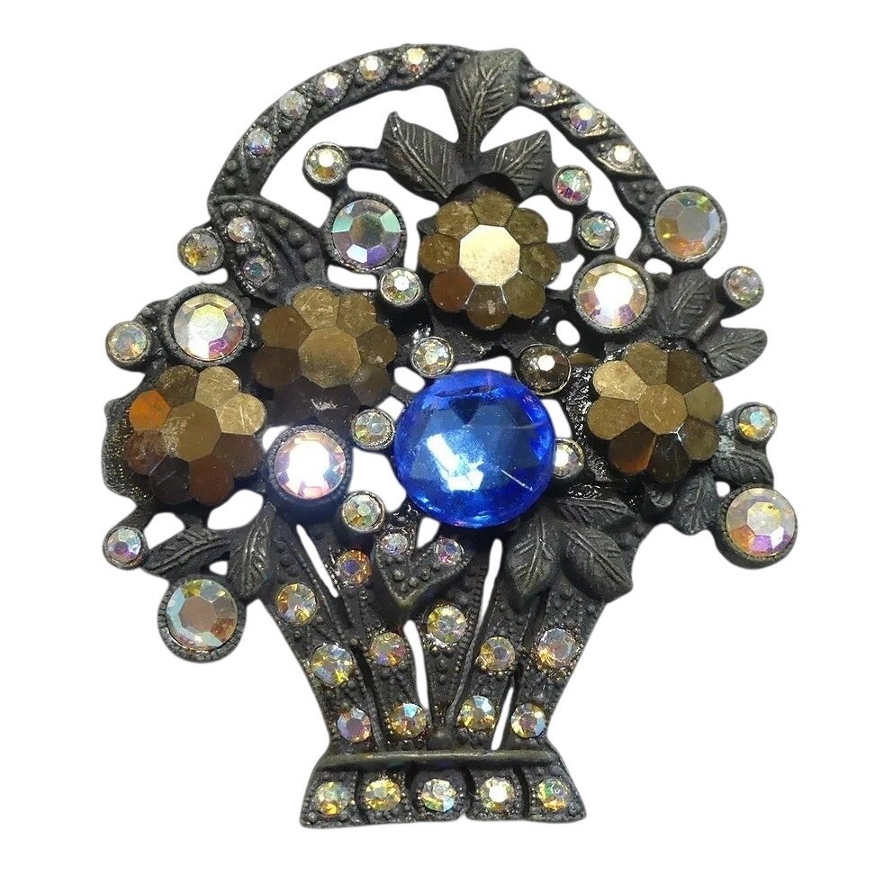 Vintage Mid Century Flower Basket Brooch with Cobalt, Aurora Borealis Rhinestone