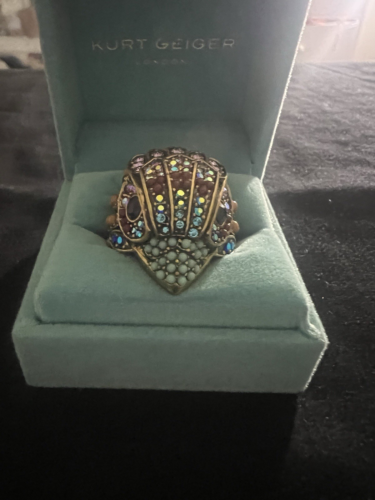 Kurt Geiger Signature Eagle Iridescent Stone Cocktail Ring in Gold Size: 7