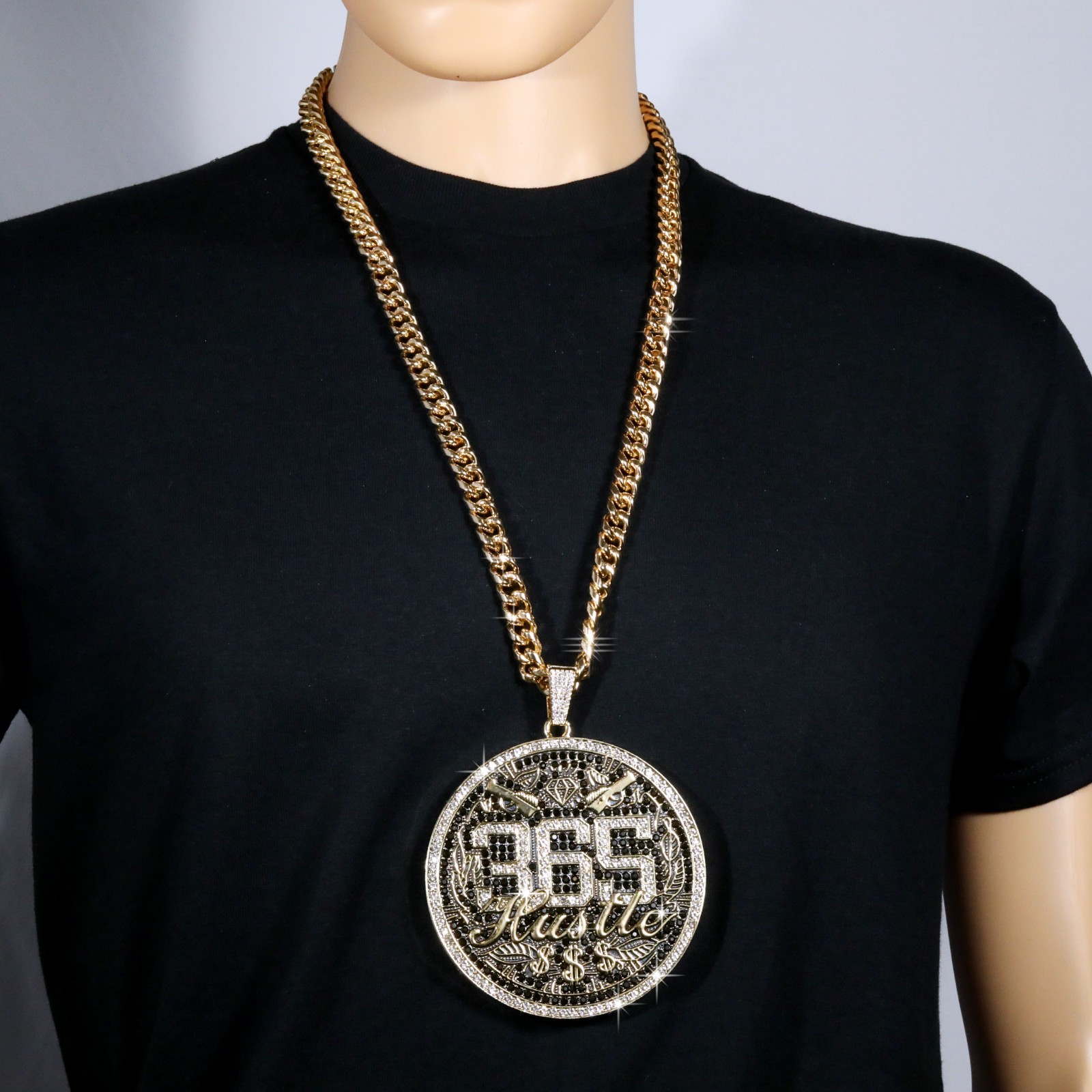 Miami Cuban Curb Chain Necklace 10mm 30In & 365 Hustle Money Sign Gold Plated XL