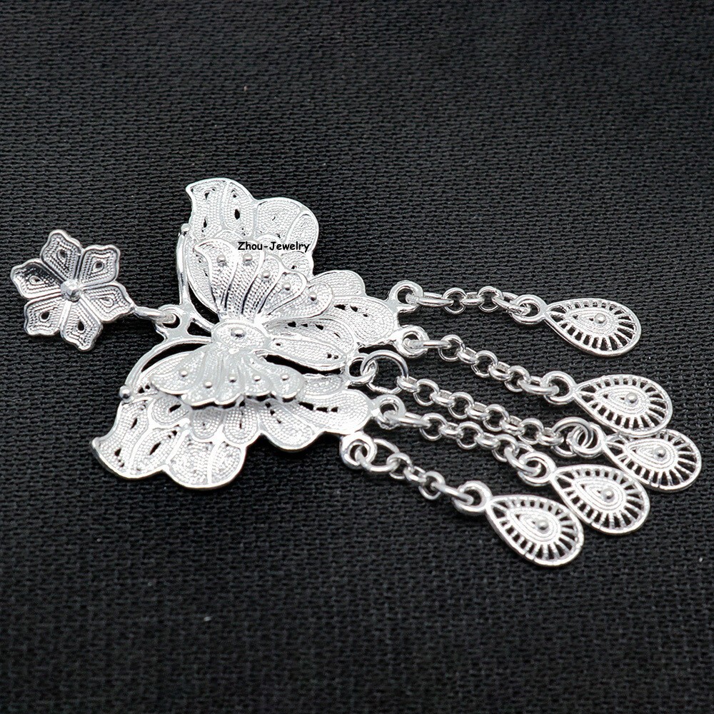 Pure S999 Sterling Silver Pendant Women Butterfly Tassels Pendant 3-4g 51*25mm
