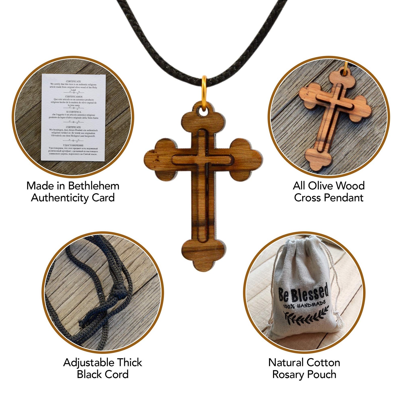 Certified Bethlehem Made Wooden Cross (Olive Wood) Budded Cross Pendant on Bl…