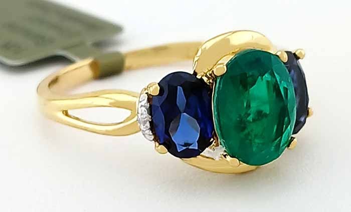 GENUINE 2.11 Cts EMERALD, BLUE SAPPHIRE & DIAMOND RING 10k YELLOW GOLD – NWT