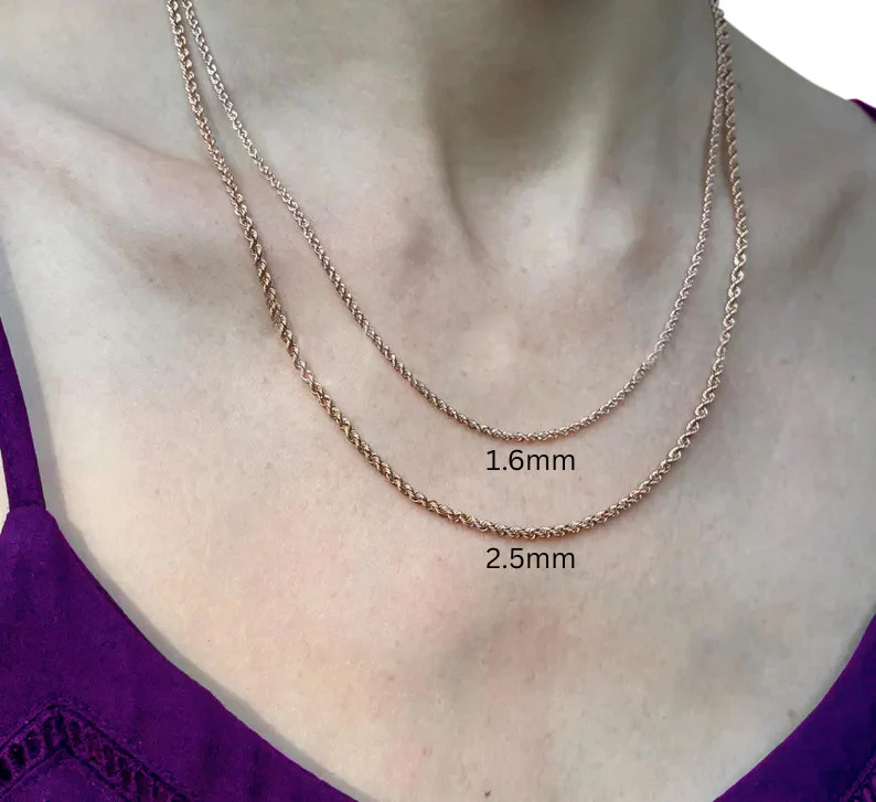 14K Solid Rose Gold Rope Chain Necklace, 1.6mm to 2.5mm Wide, Diamond Cut