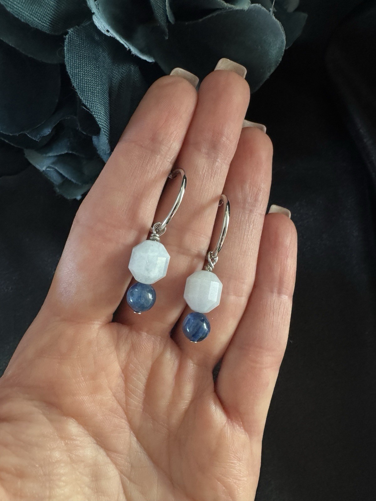 Handmade Kyanite Aquamarine Earrings – Rhodium Plated Brass Hoops