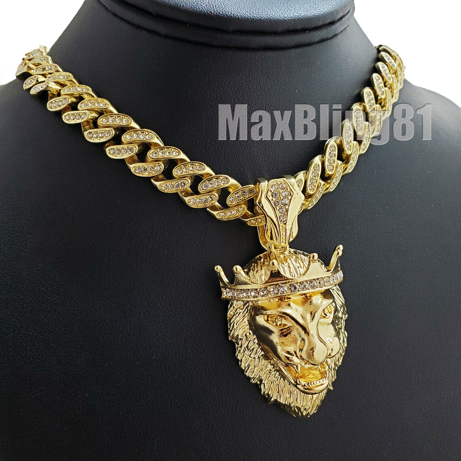 KING LION HEAD Pendant & 16″ 18″ 20″ 24″ Iced Cuban Box Lock Chain Necklace