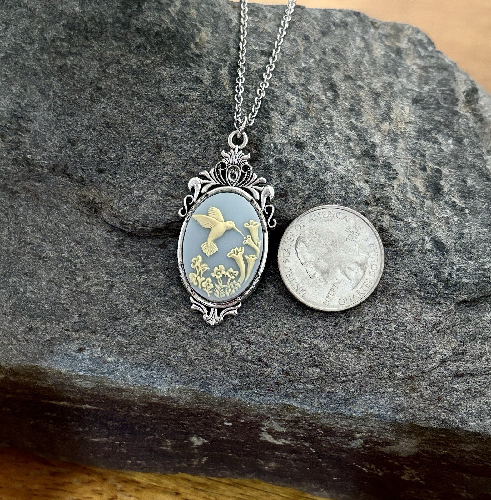 Hummingbird Necklace Pendant, Wedgwood Blue colored Cameo, Art Nouveau Style