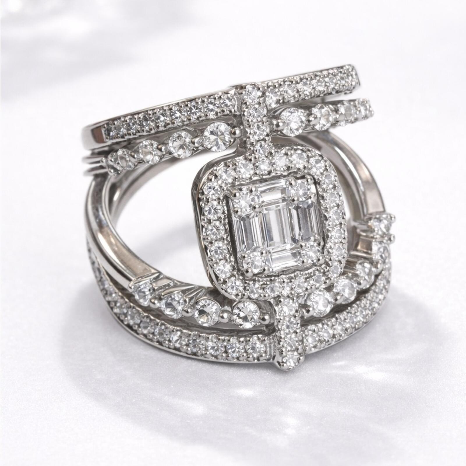 18K White Gold Baguette and Round Diamond Wide Three Row Ring Sz 6