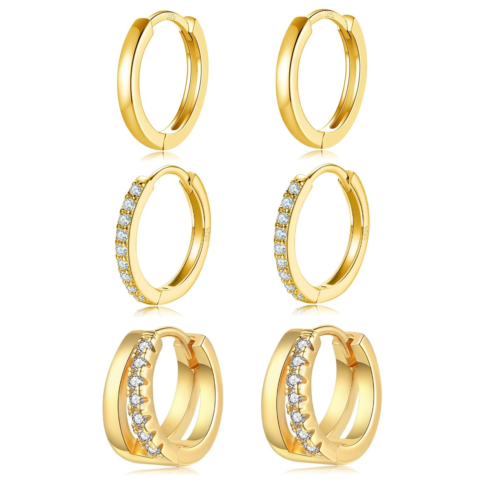 3 Pairs Small Gold Huggie Hoop Earrings Set, 14K Gold Plated Hypoallergenic Dain