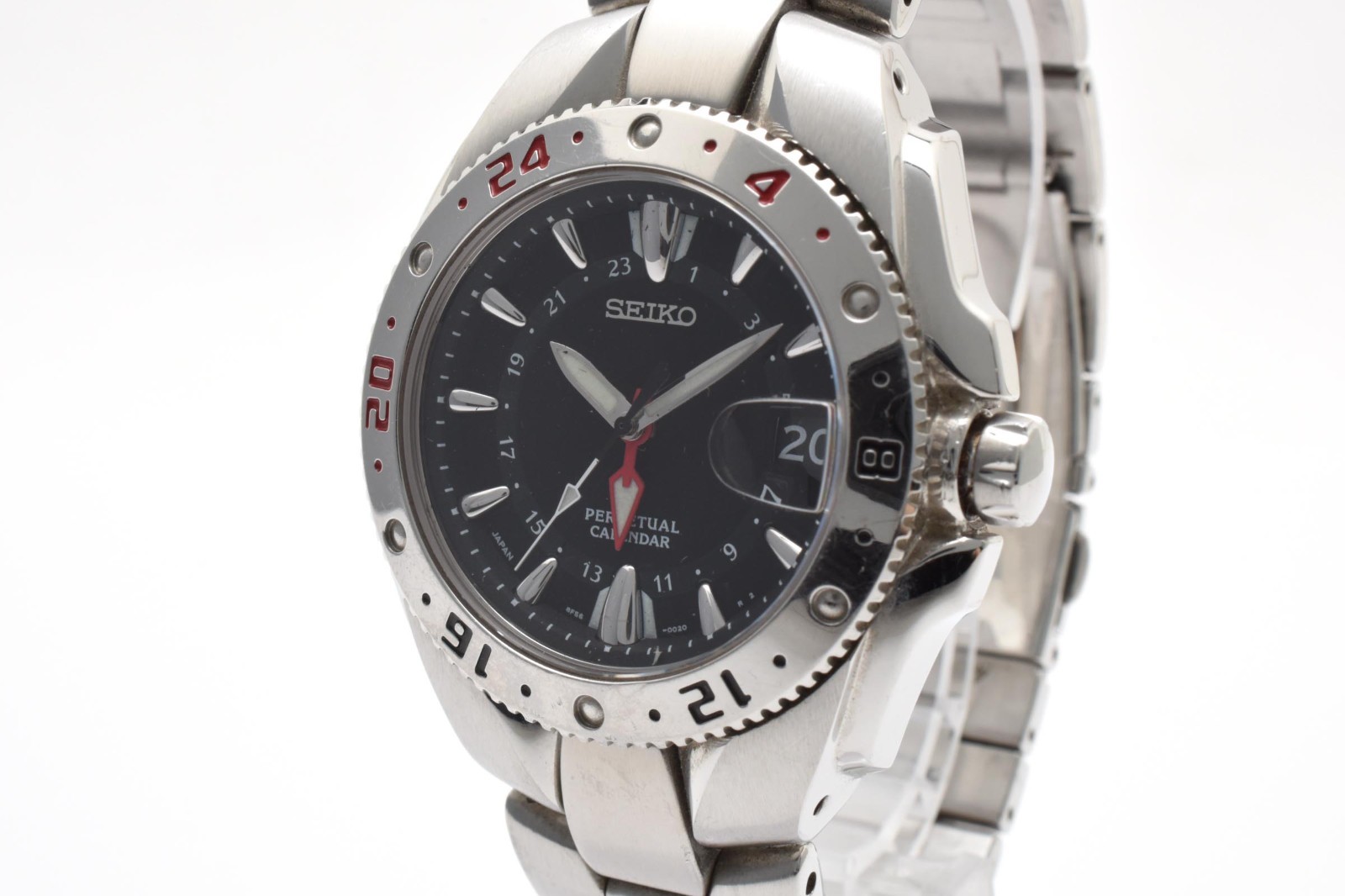 [Exc+5]SEIKO Perpetual Calendar GMT 8F56-002A Quartz Black Dial Mens Watch JAPAN