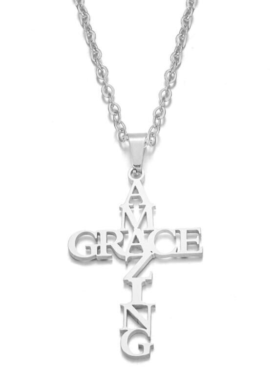 Stainless Steel Amazing Grace Cross Necklace – Silver, Christian Faith, Church