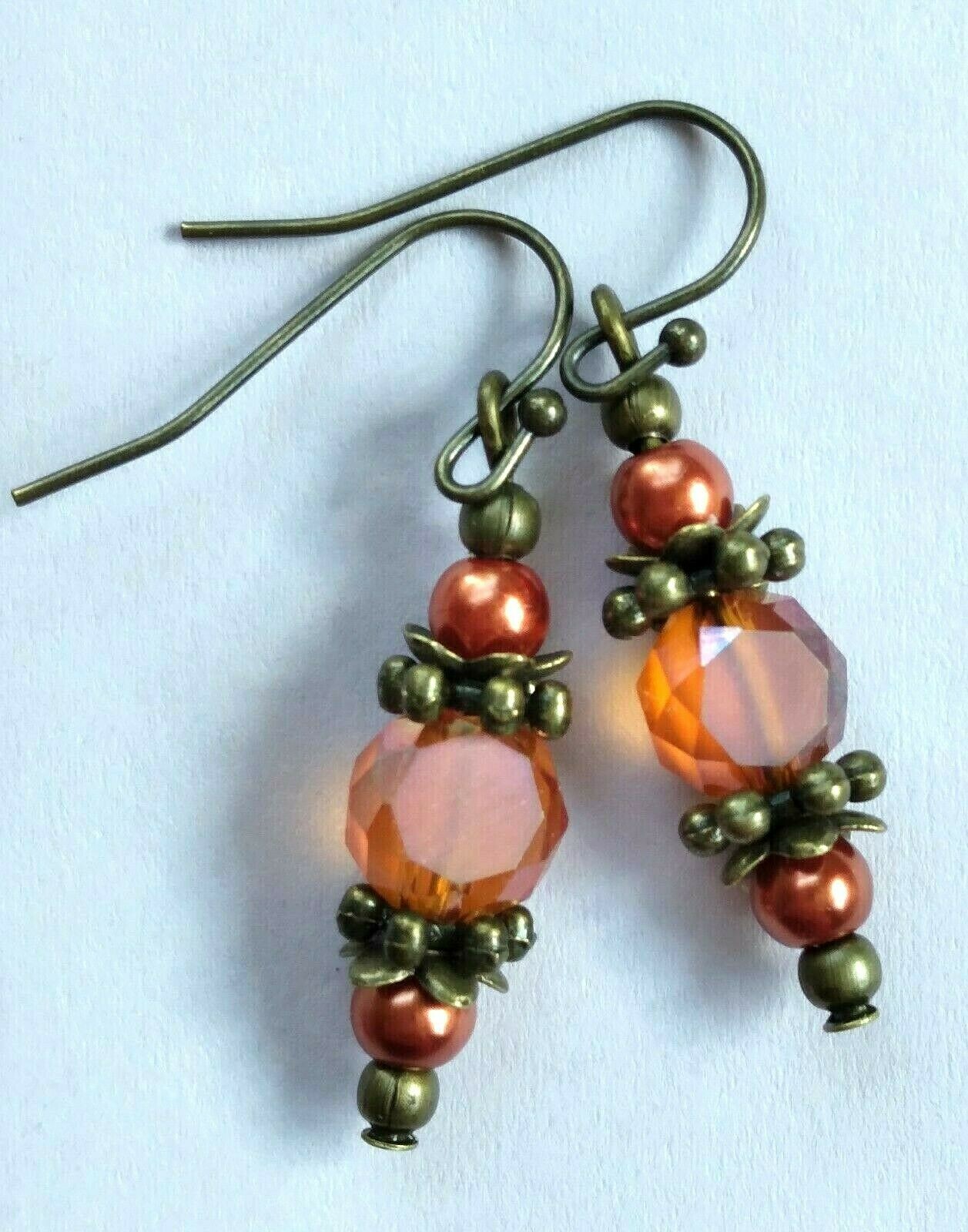 RUST Frosted CRYSTAL orange GLASS PEARL earring BRONZE French hook XX