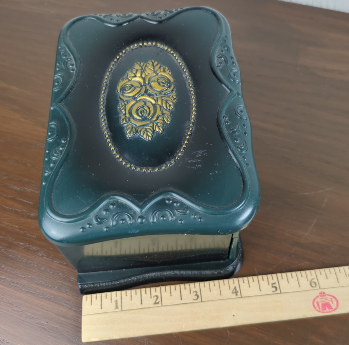 Plastic Table Top Dresser Drawer Jewelry Box Dark Green Gold Florals Paisley Fab