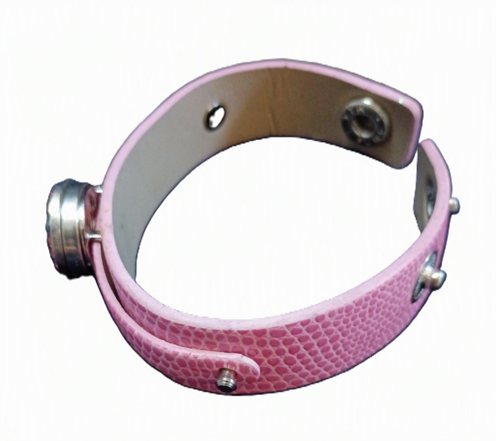 Pink Lizard Texture Faux Leather Snap Button Cuff Bracelet Floral Rhinestone Cha