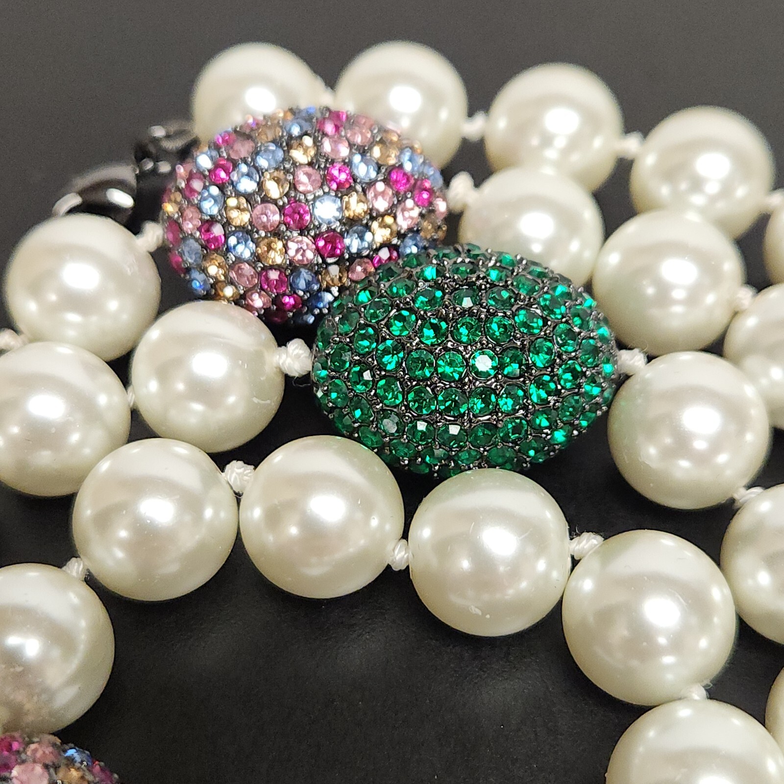 NWT Joan Boyce Faux Pearl Egg Shape Pave Set Rhinestone Spacer Long Necklace 44″