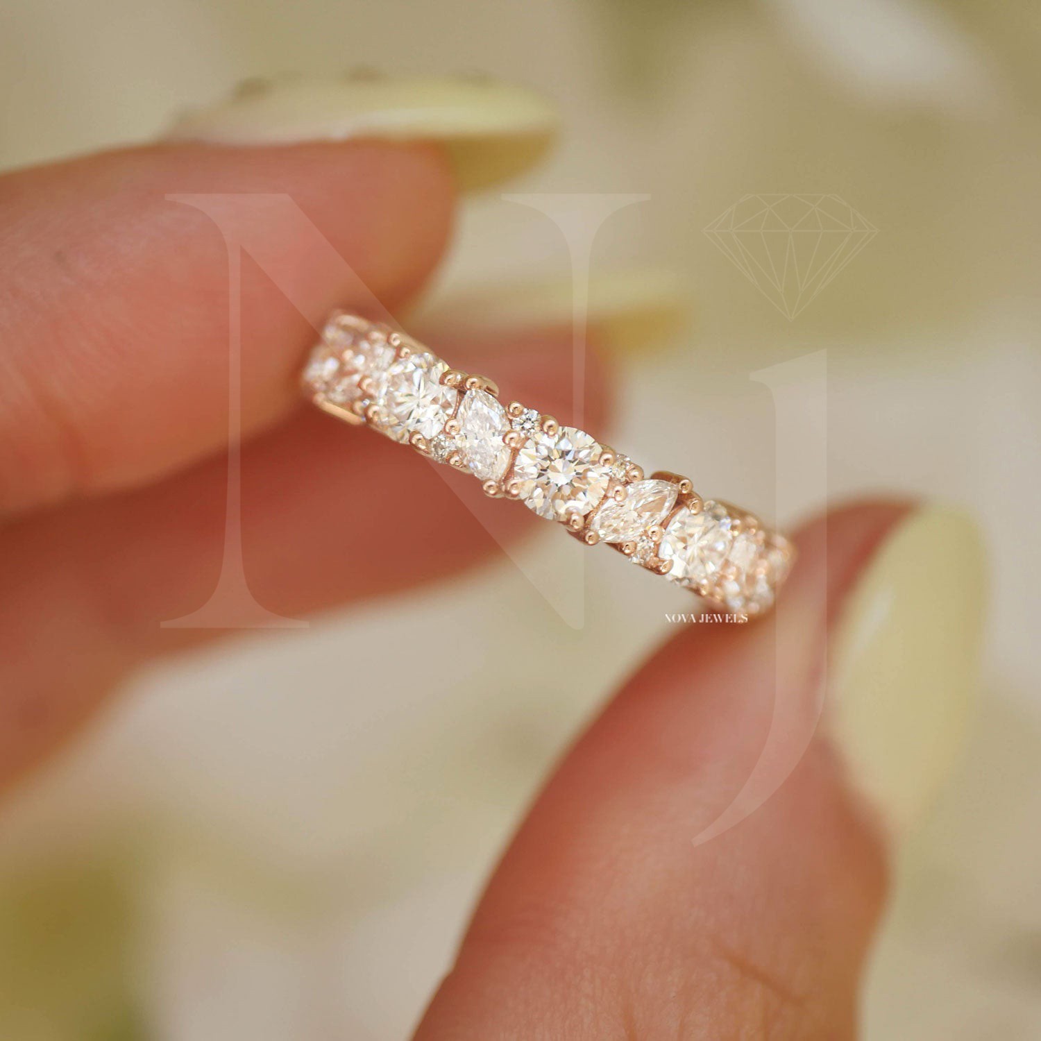 1.09 CT Round & Marquise Cut VVS1 Moissanite Wedding Band 14K Yellow Gold Plated