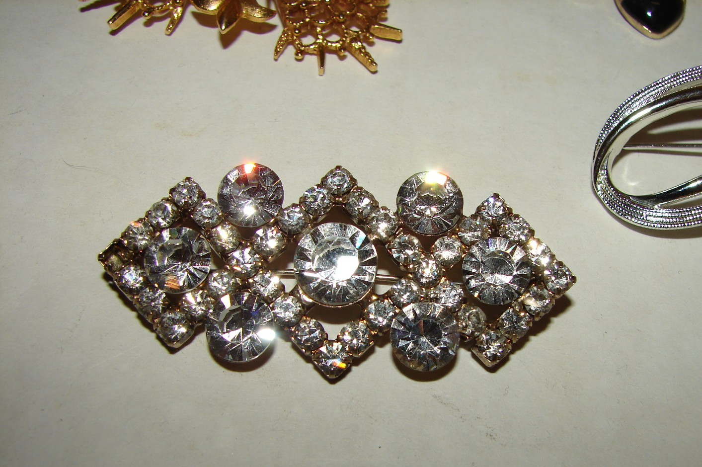 Vintage Lot 7 Brooches One Designer Signed Sarah Cov. Rhinestones and Faux Pearl