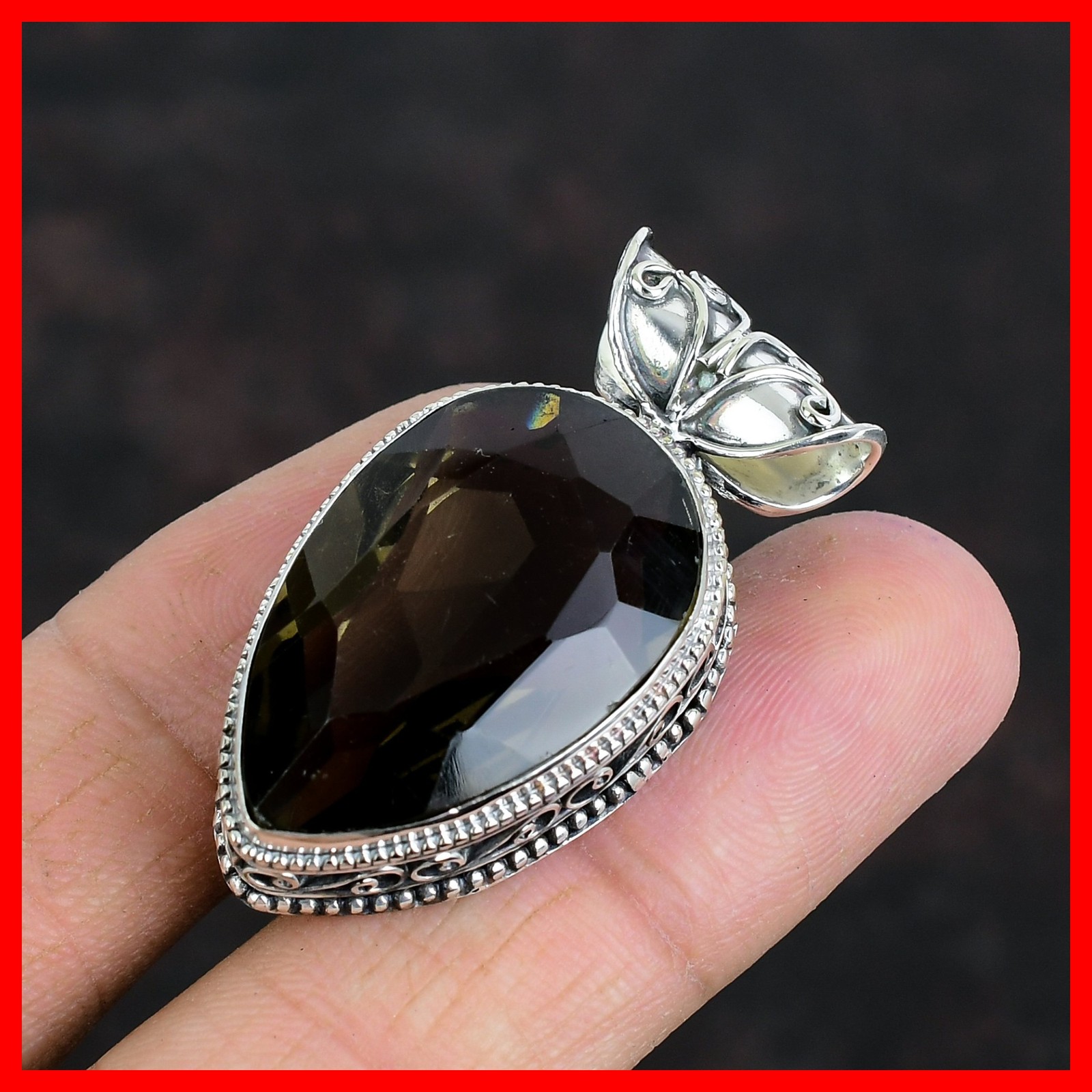 Pear Smoky Quartz Stone 925 Silver Wife New Vintage Anniversary Artisan Pendant