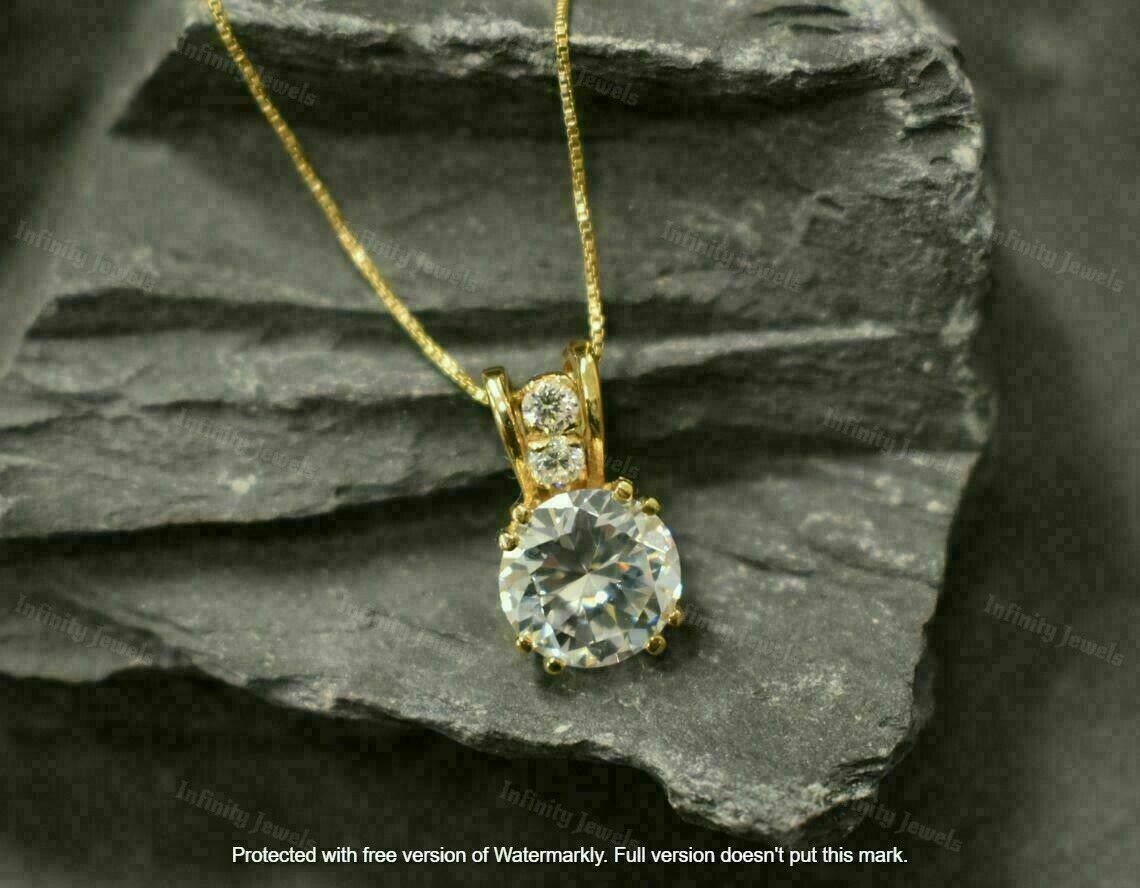 3Ct Round Cut VVS1/D Diamond Solitaire Pendant 14K Yellow Gold Finish Free Chain