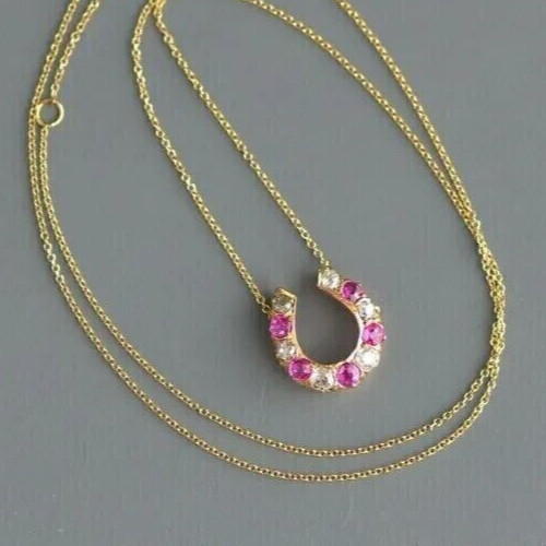 Round Cut Simulated Pink Ruby Women’s Horseshoe Pendant 14K Yellow Gold Plated
