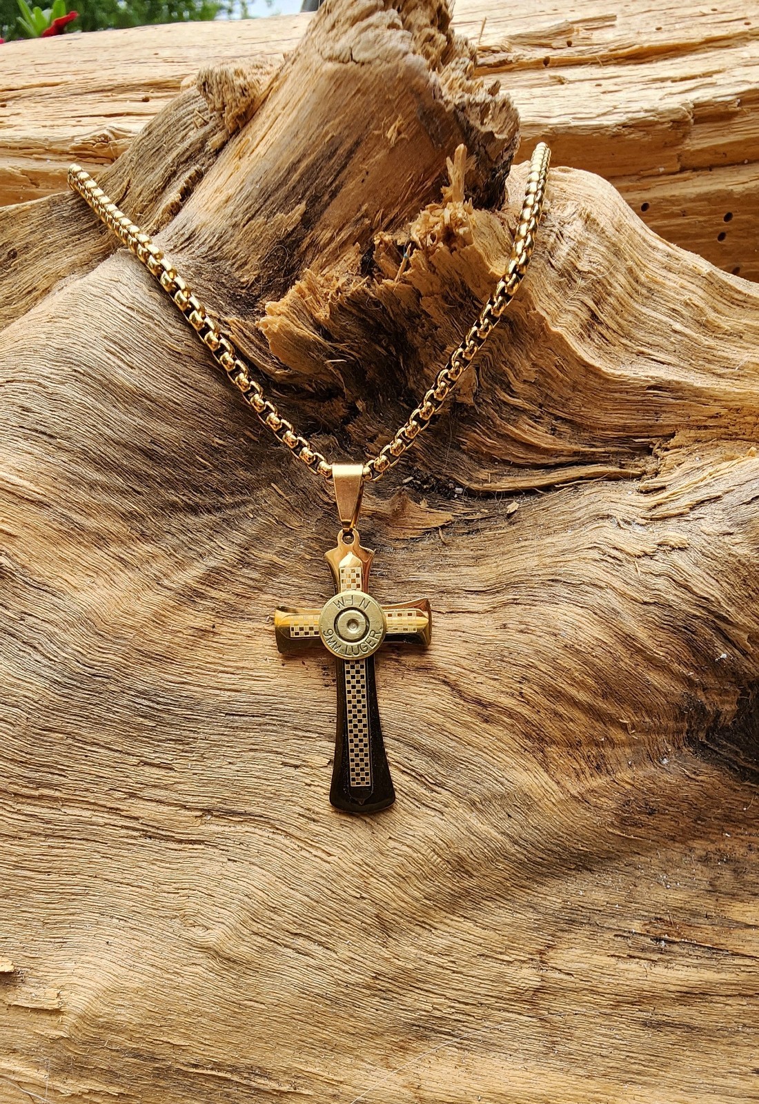 Gold Stainless Steel Cross Necklace with 9mm Bullet. Optional Crystal.