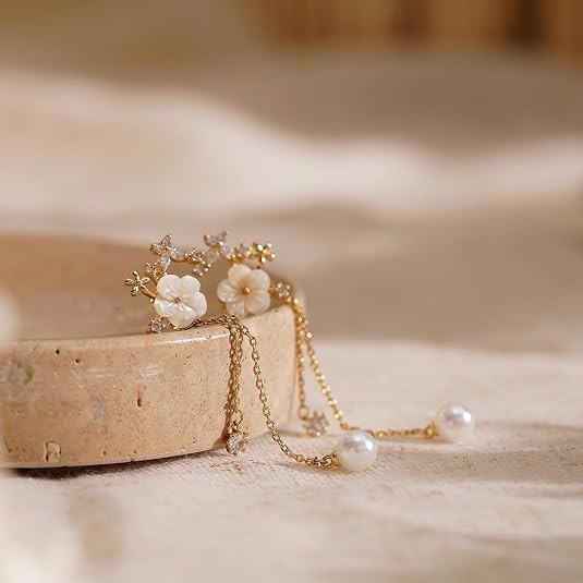 Aretes Largos de Cadena Flor dorado 14K para Mujer o Dama de Honor