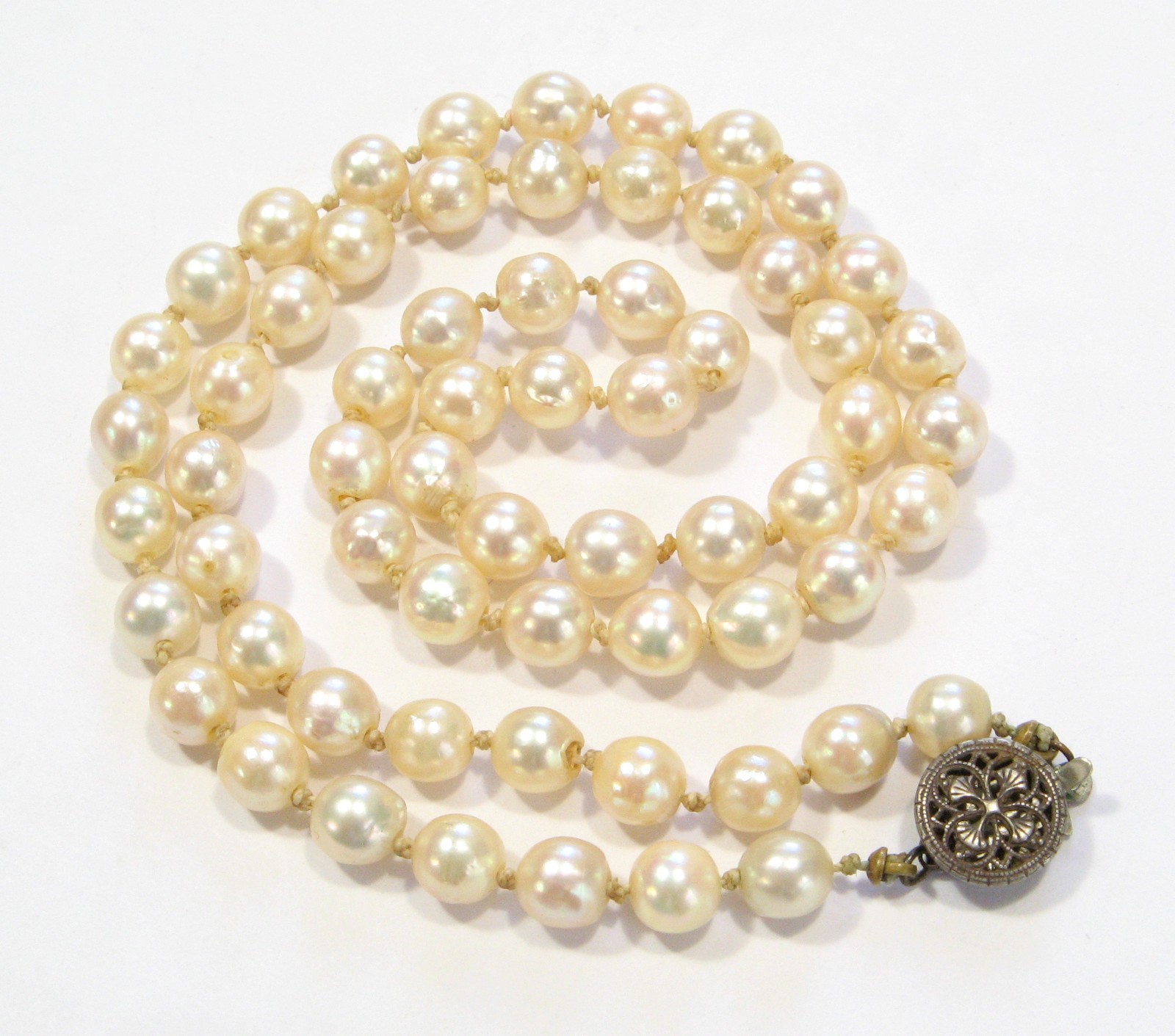 Vintage AKOYA Cultured PEARL Hand-knotted NECKLACE 6mm Sterling Silver 17.75″